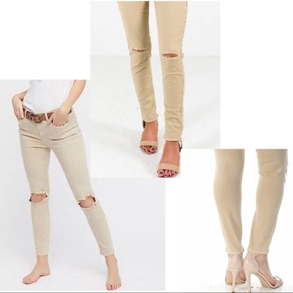 FREE PEOPLE slim jeans ankle tattered NWT tan / khaki